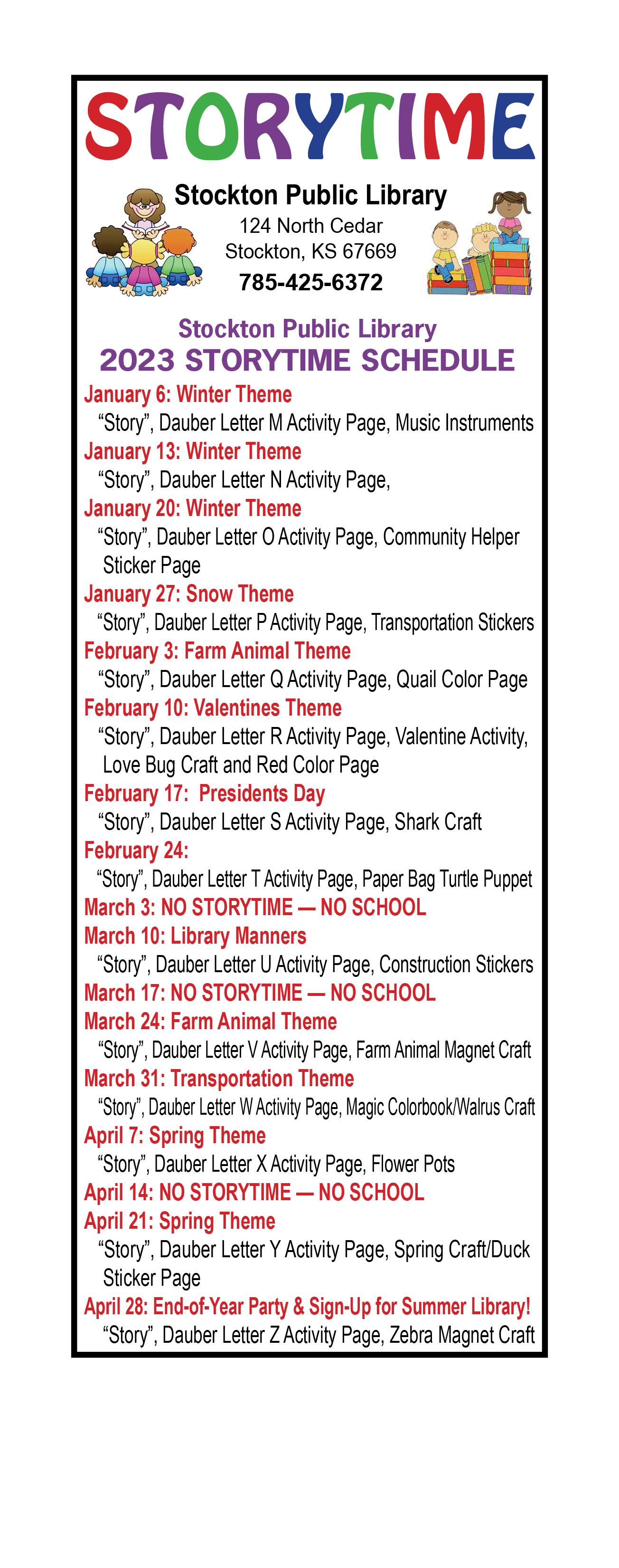 Library Storytime Program Schedule For The New Year Stockton Sentinel